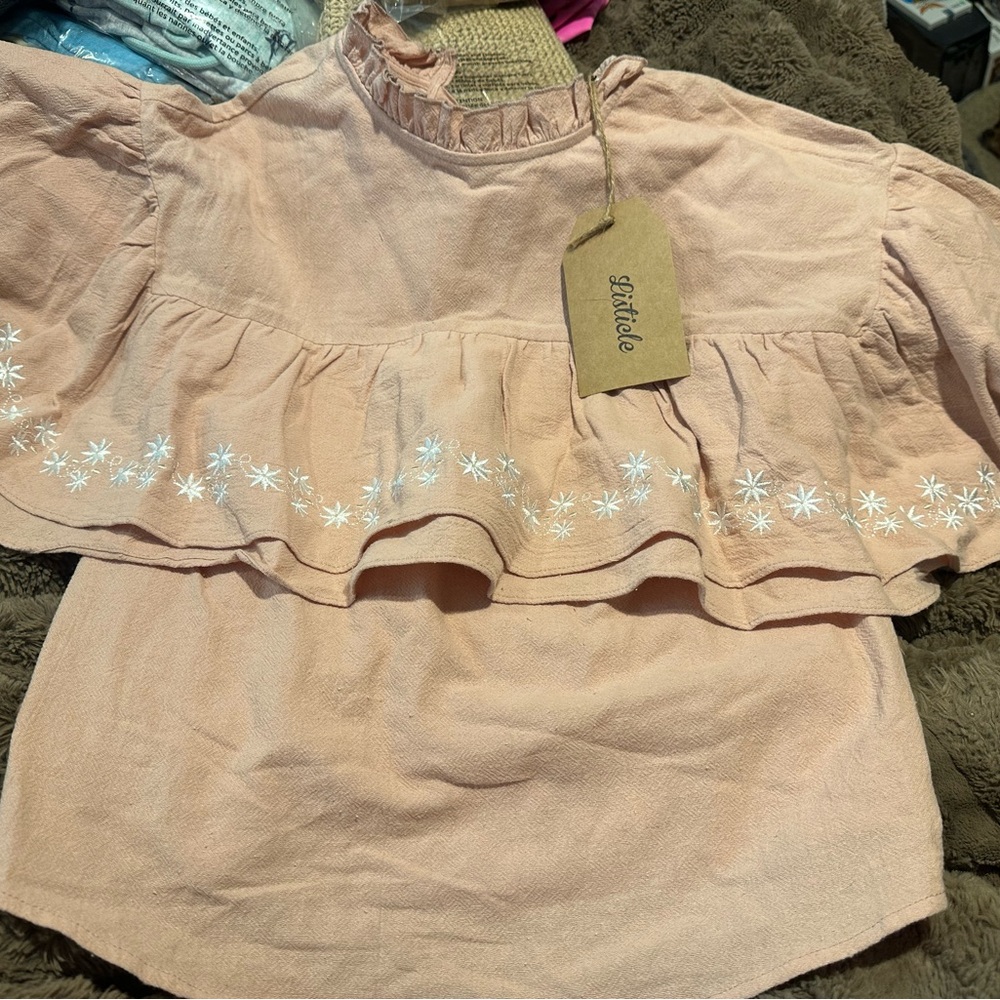 Blush Pink Ruffled Top  with White Floral Embroidery